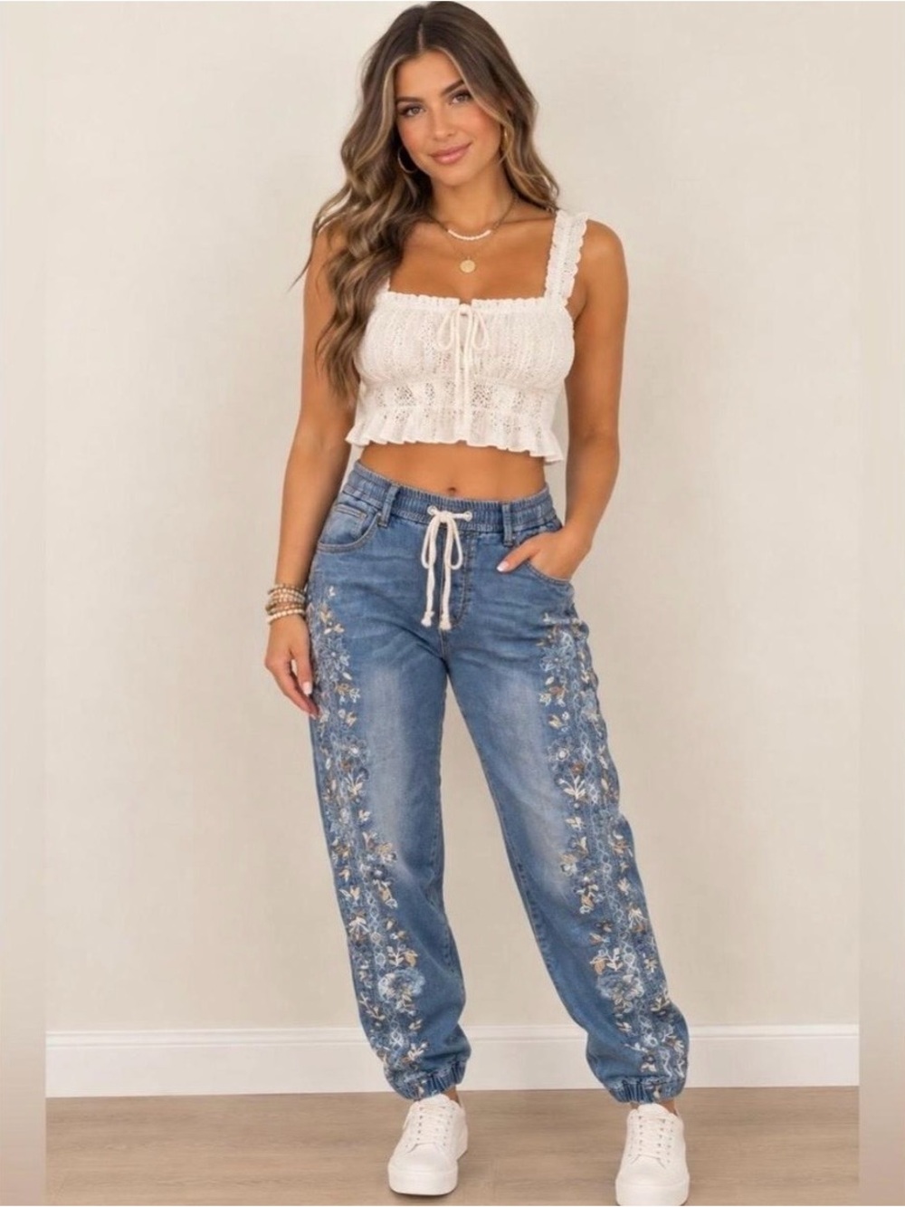 Driftwood Embroidered Denim Joggers Blue Large